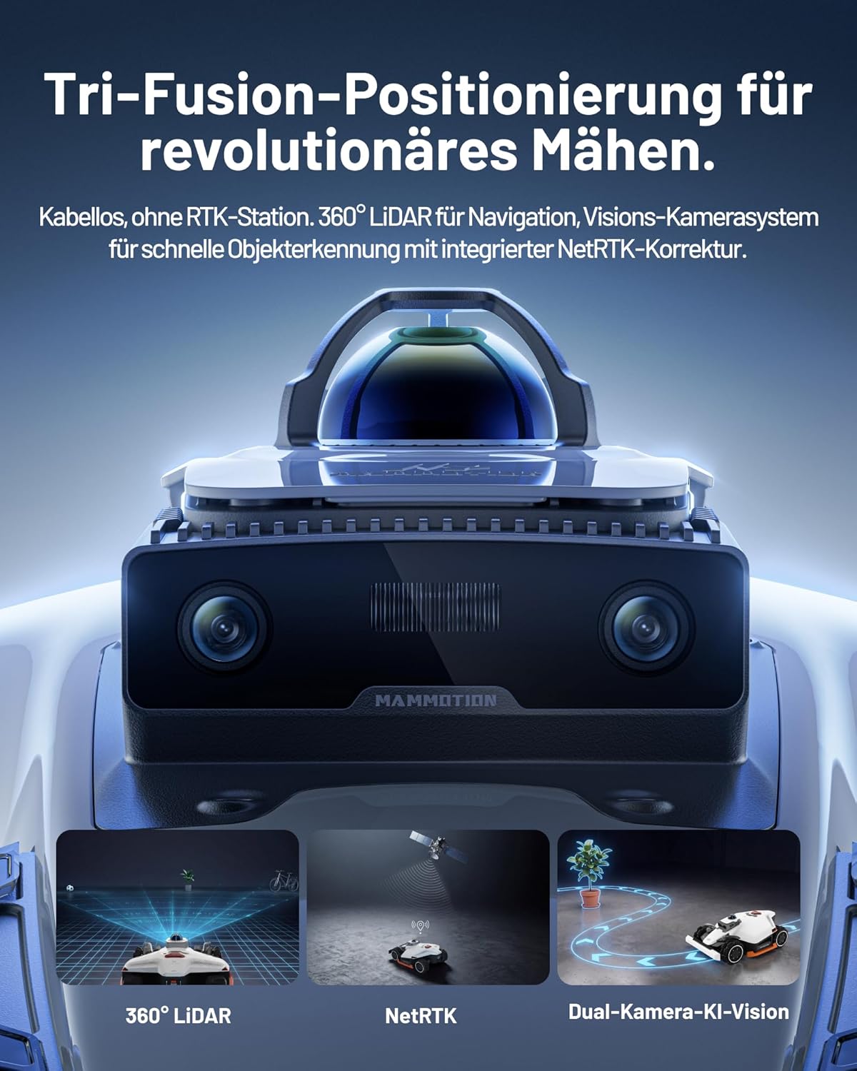 MAMMOTION LUBA 3 AWD 3000 Mähroboter ohne Begrenzungskabel für 3000㎡, 360° LiDAR+NetRTK+KI Vision Tri-Fusion-Positionierung, AWD für 80% Steigungen, Auto-Kartierung, bis zu 30 Zonen, 12Ah-AKKU