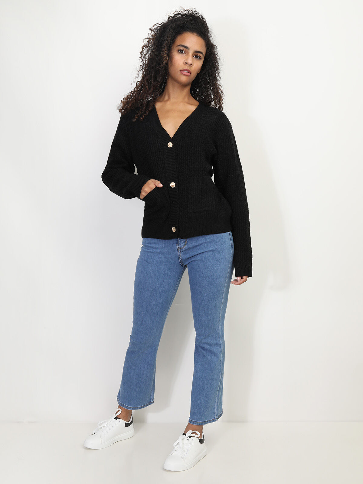 Cardigan texturé à boutons dorés- Noir