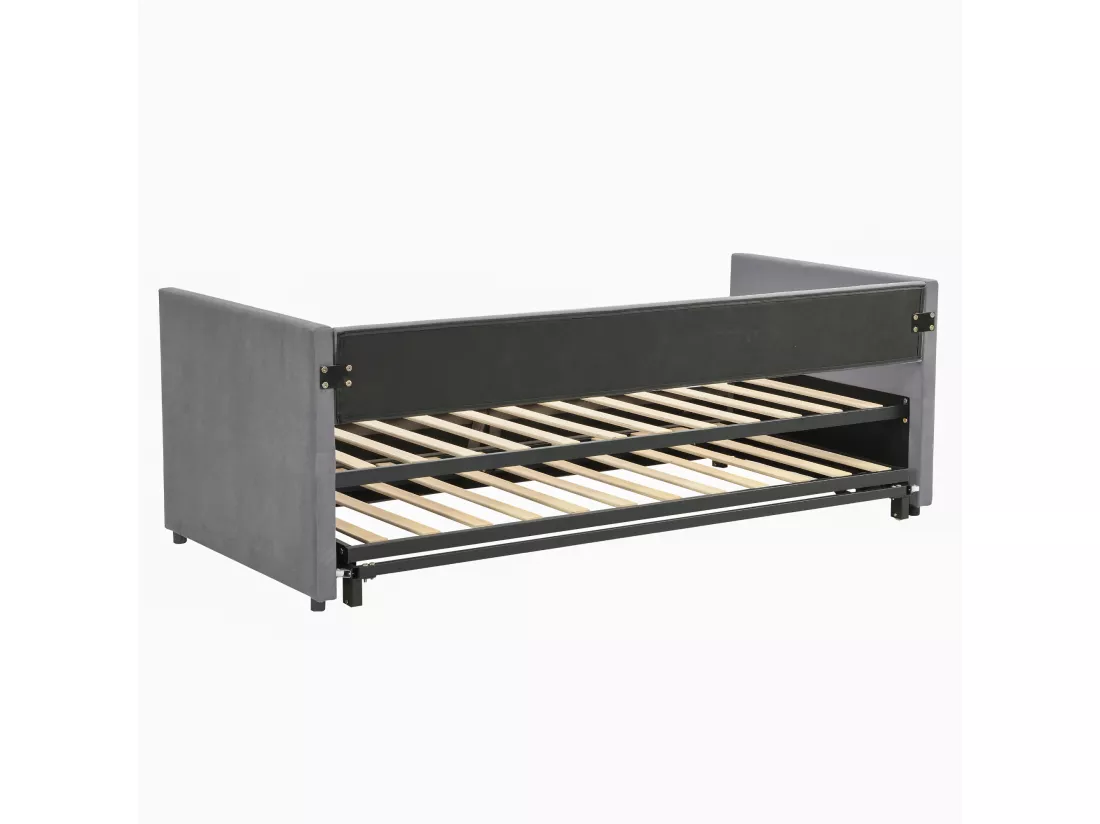 Lit gigogne 90/180x200cm, lit capitonné canapé-lit extensible avec sommiers à lattes, lit multifonctionnel en tissu velours style moderne - gris