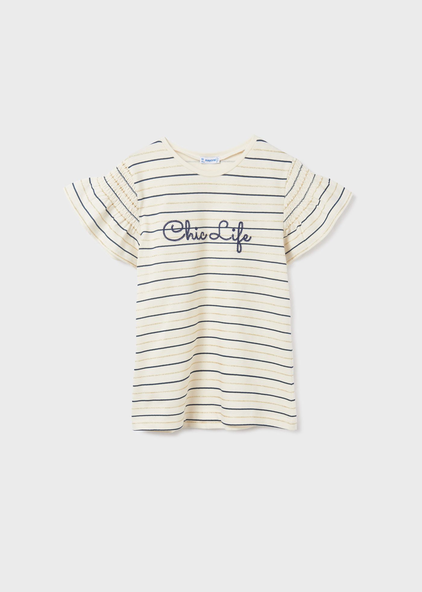 Camiseta estampada de manga curta para meninas, feita de algodão sustentável.