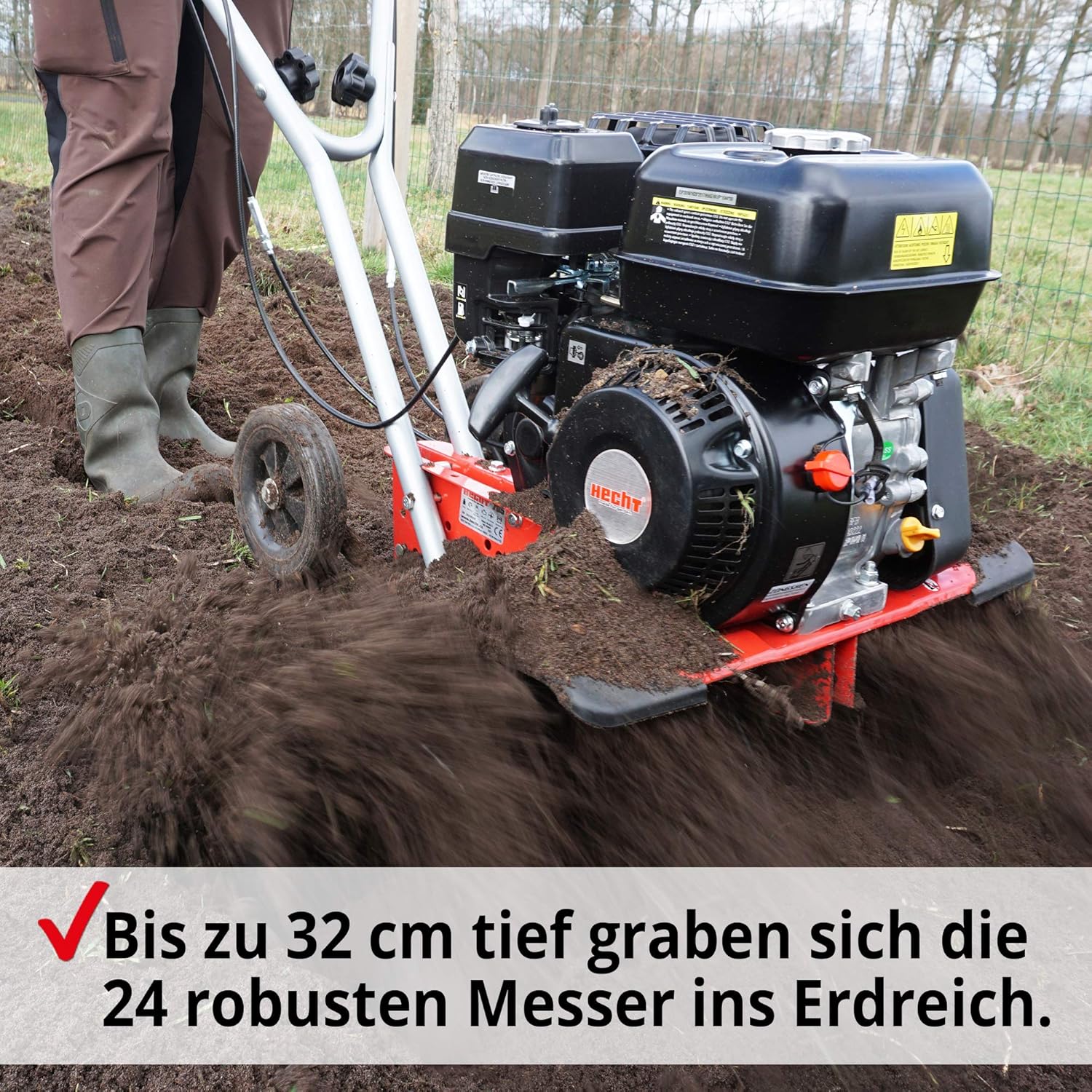 HECHT Starke 4,5 kW / 6,5 PS Benzin Motorhacke I 4-Takt Motor I 32-84 cm Arbeitsbreite I 24 robuste Messer – bis 32 cm tief Garten umgraben und Boden auflockern I Gartenfräse Benzin - Bodenfräse