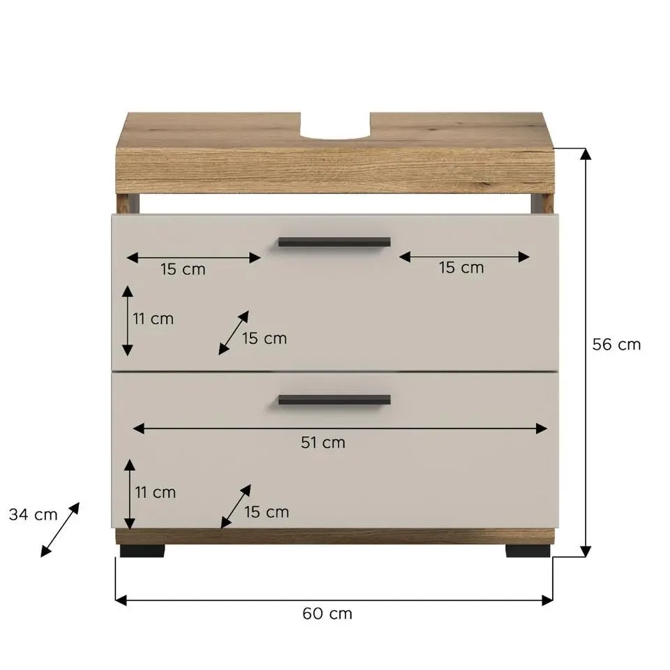 Hioshop Scout wastafel 2 lades kasjmier decor mat- eiken decor