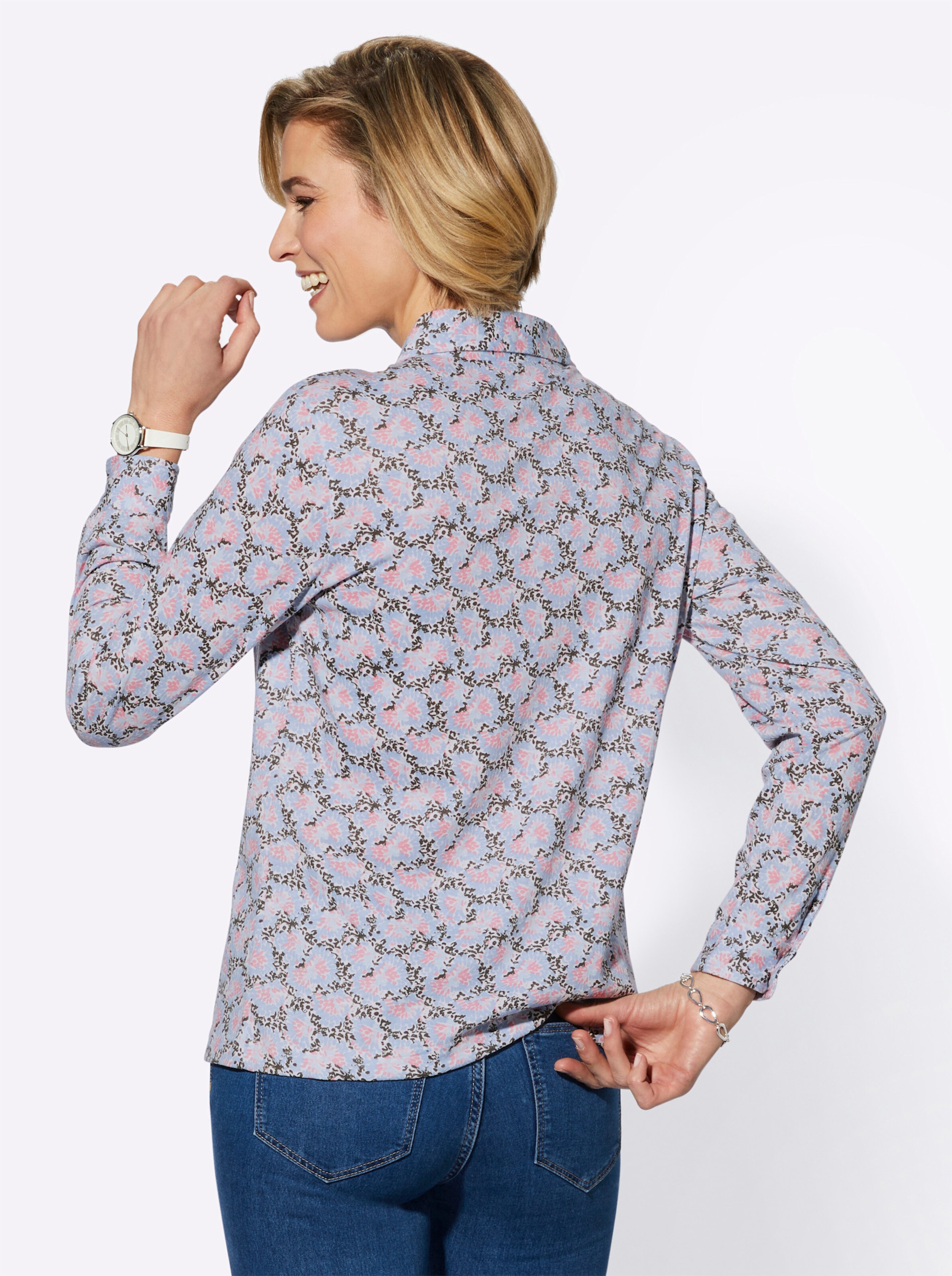 Jersey-Bluse in ecru-bleu-bedruckt