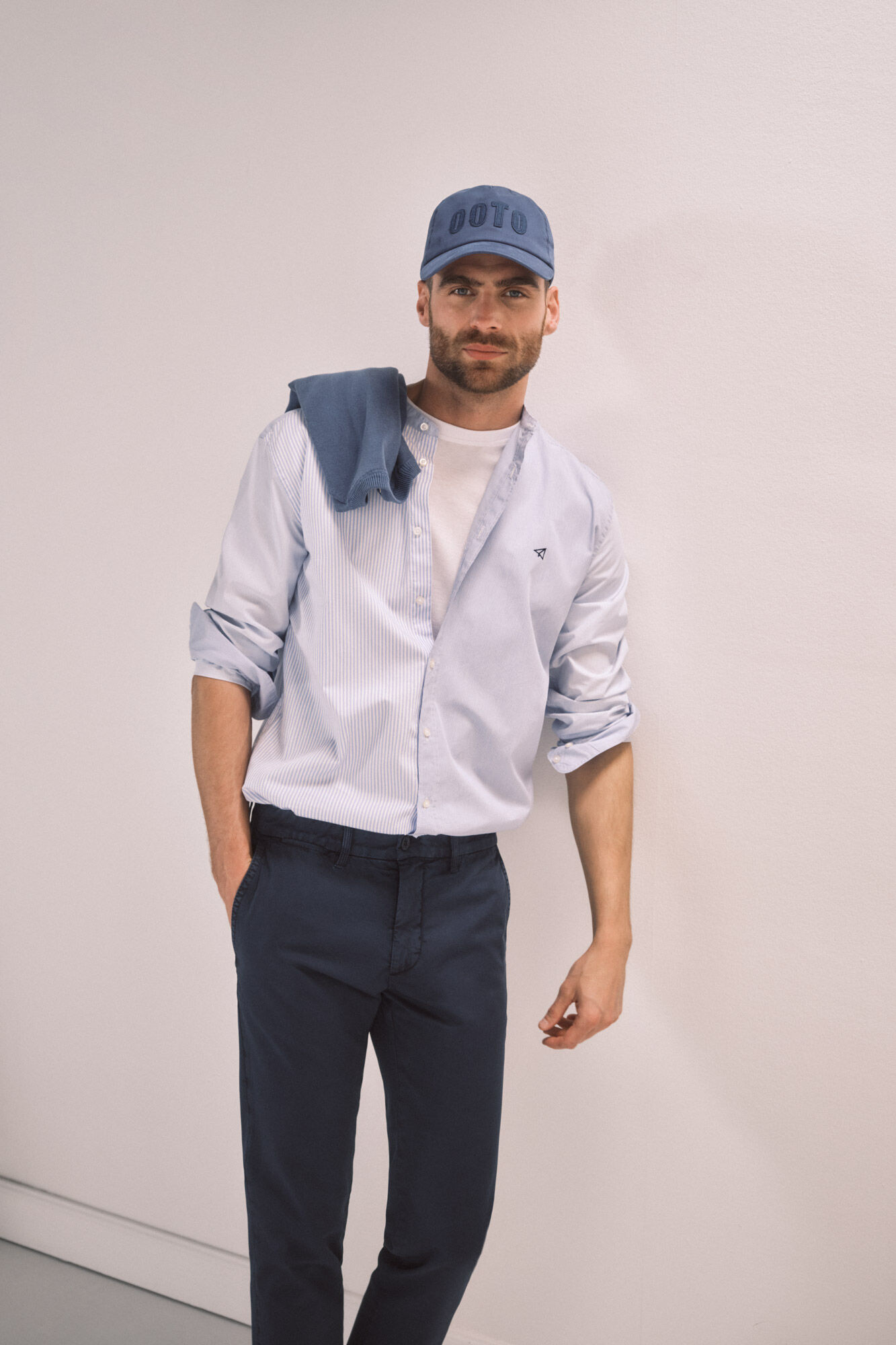 Camisa slim cuello mao estampado raias - Azul