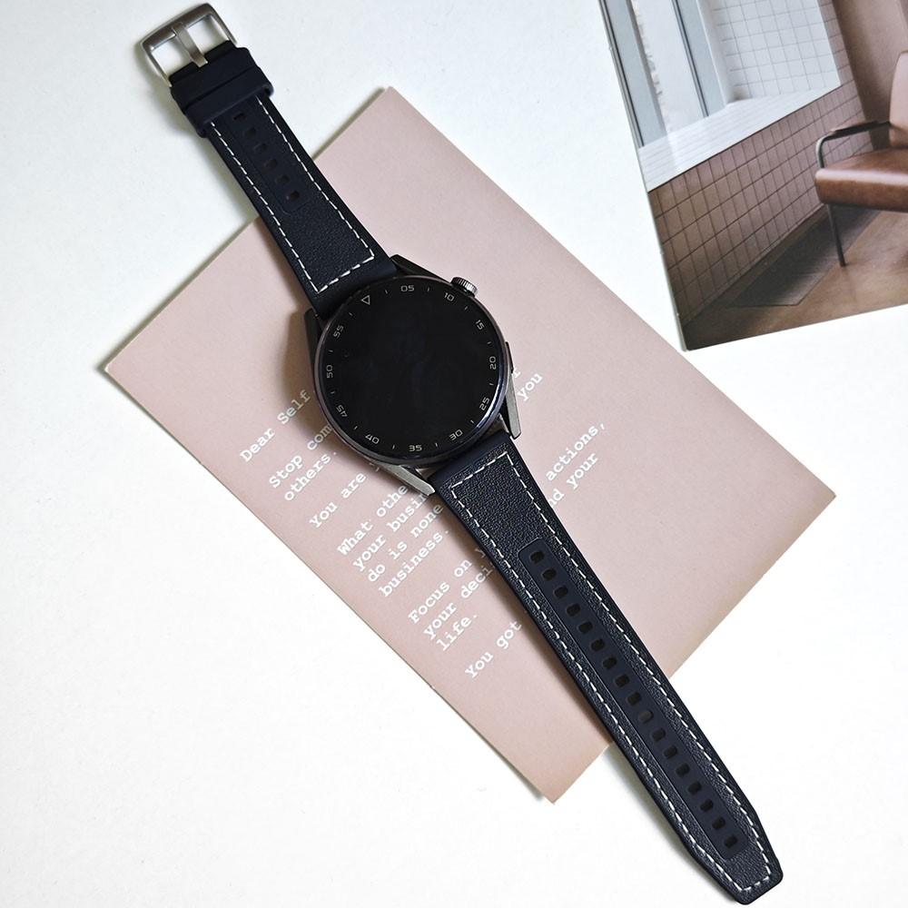 Echtleder / Silikon Uhrenarmband mit Dornschliesse 20mm (Gelenkumfang: 170-220mm) - Schwarz