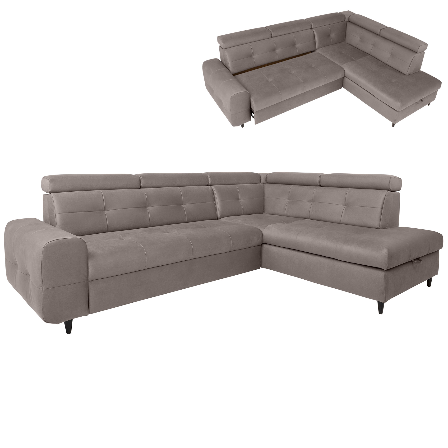 Ecksofa - grey - Velvet - Liegefunktion und Staukasten - Recamiere rechts