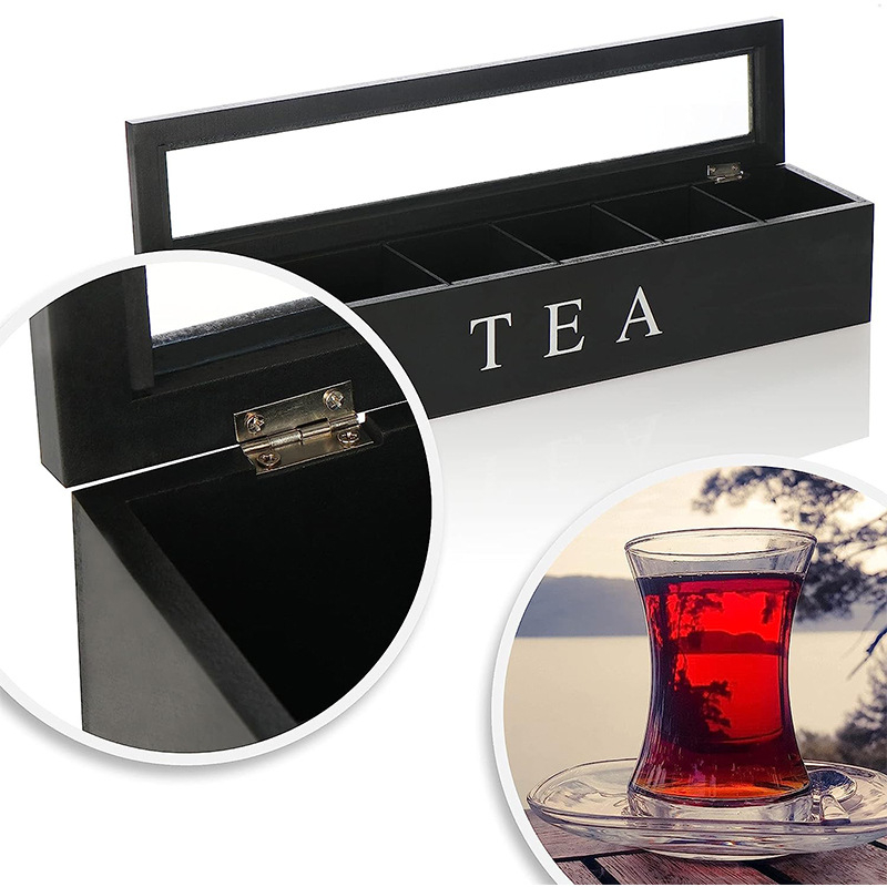 (43x9cm) 6-fach Holz Tee Beutel Behälter Kaffeekapsel Tea Box Küchen Organizer - Schwarz