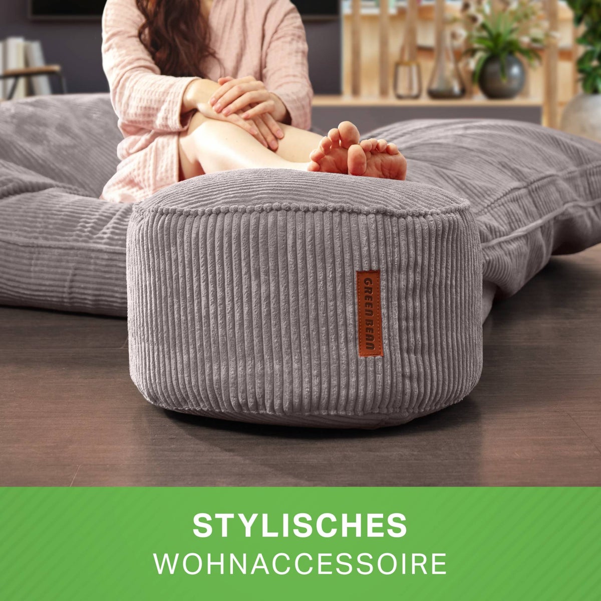 Groene bonen poef kussen 45x25cm met EPS kralen vulling & corduroy stof vloerkussen ligstoel kussen zitkussen poef fauteuil kinderen volwassenen stoffen kruk opbergruimte grijs