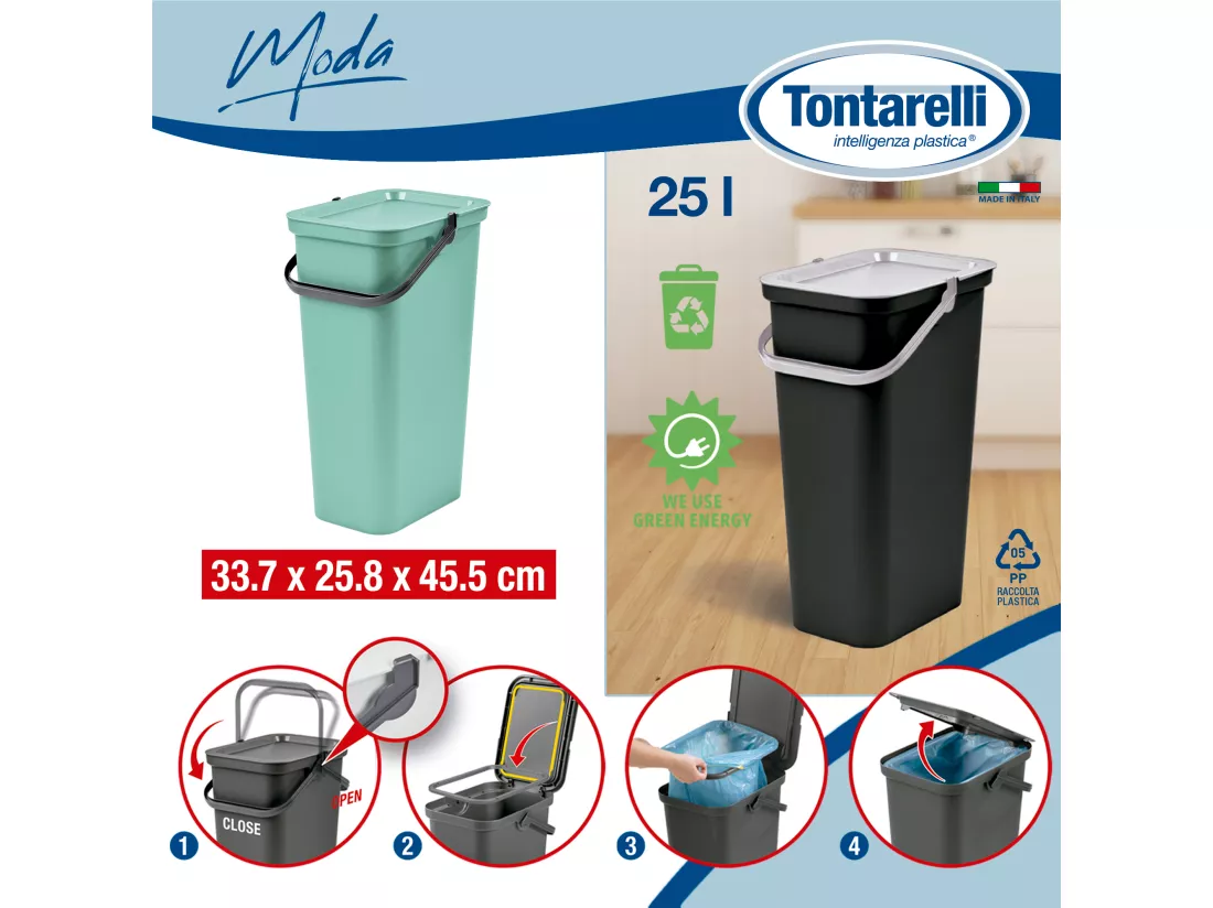 Set de 2 poubelles 25L sauge avec poignée 3,7X26X45,5