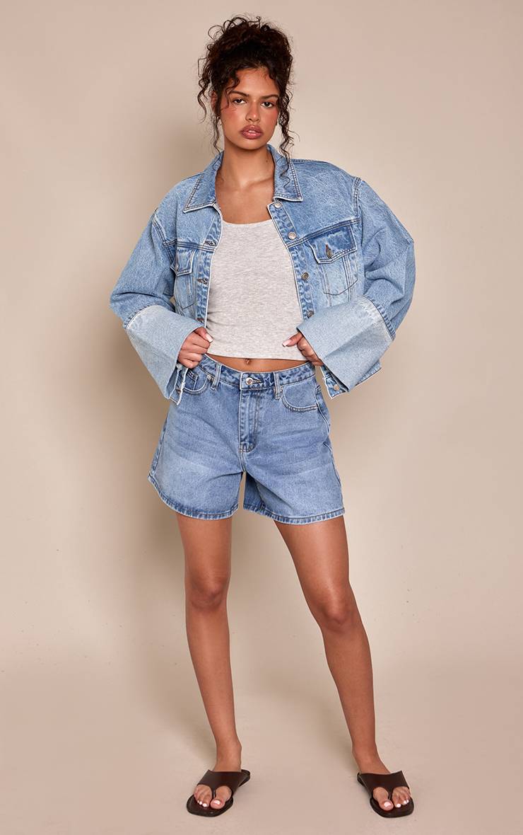 Mid Blue Wash Short Bermuda En Denim Taille Mi-haute