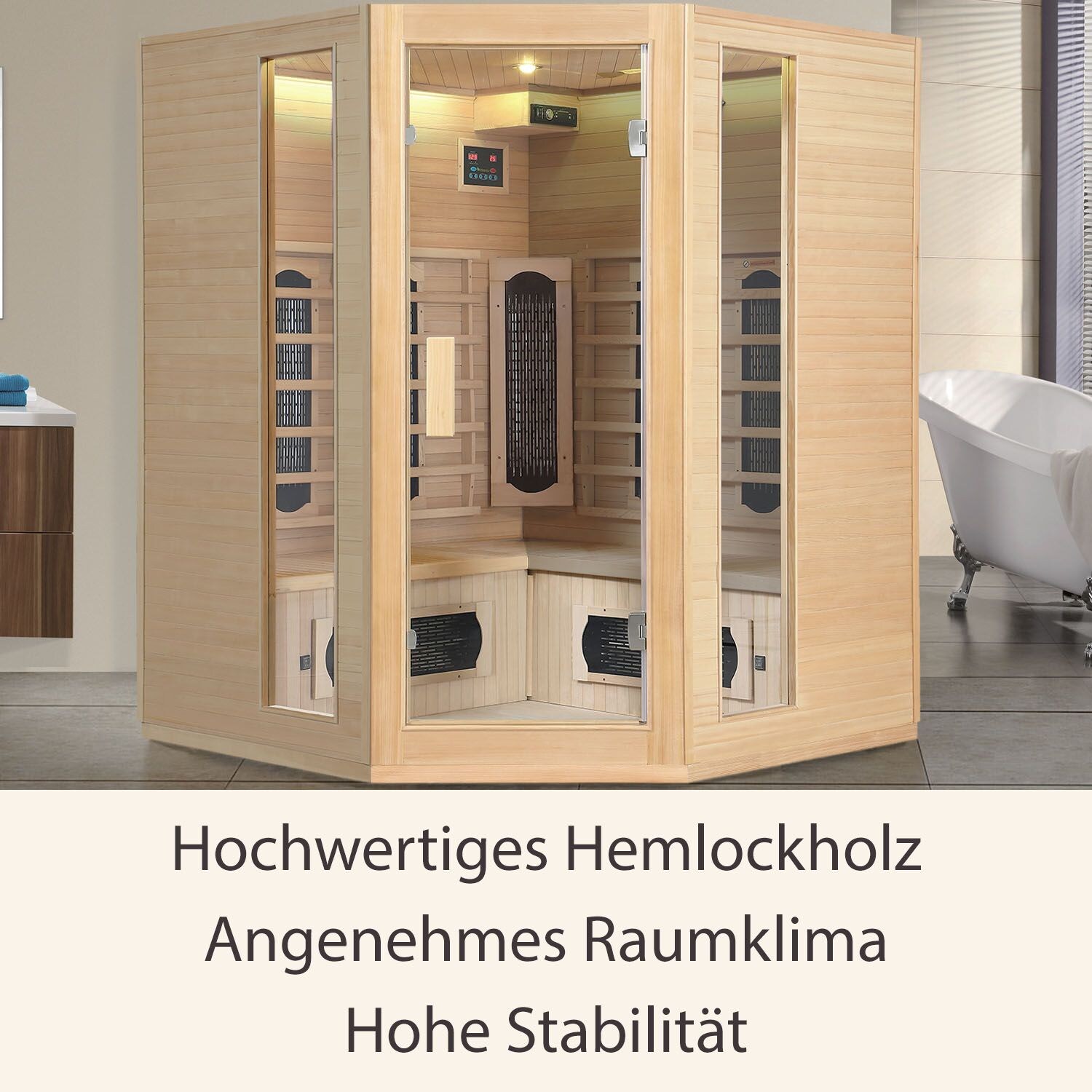 Infrarotkabine Nyborg E150K – Infrarotsauna 4 Personen –LED-Farblicht, 7 Keramik-, 1 Flächenstrahler
