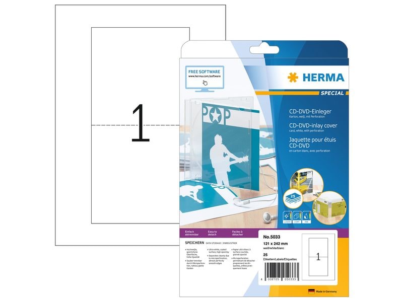 HERMA CD-Einleger 5033 Weiss, 25 Stück Einleger für CD und DVD