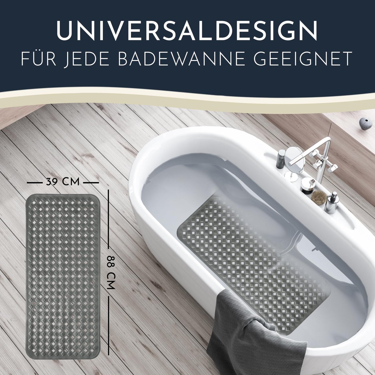 Homerella Antislip Badmat, Huidvriendelijk, 88x39cm, INCL. OPHANGSTANG | Antislip Badmat, BPA-vrij | Schimmelwerende & Machinewasbare Douchemat | Antislip Badmat