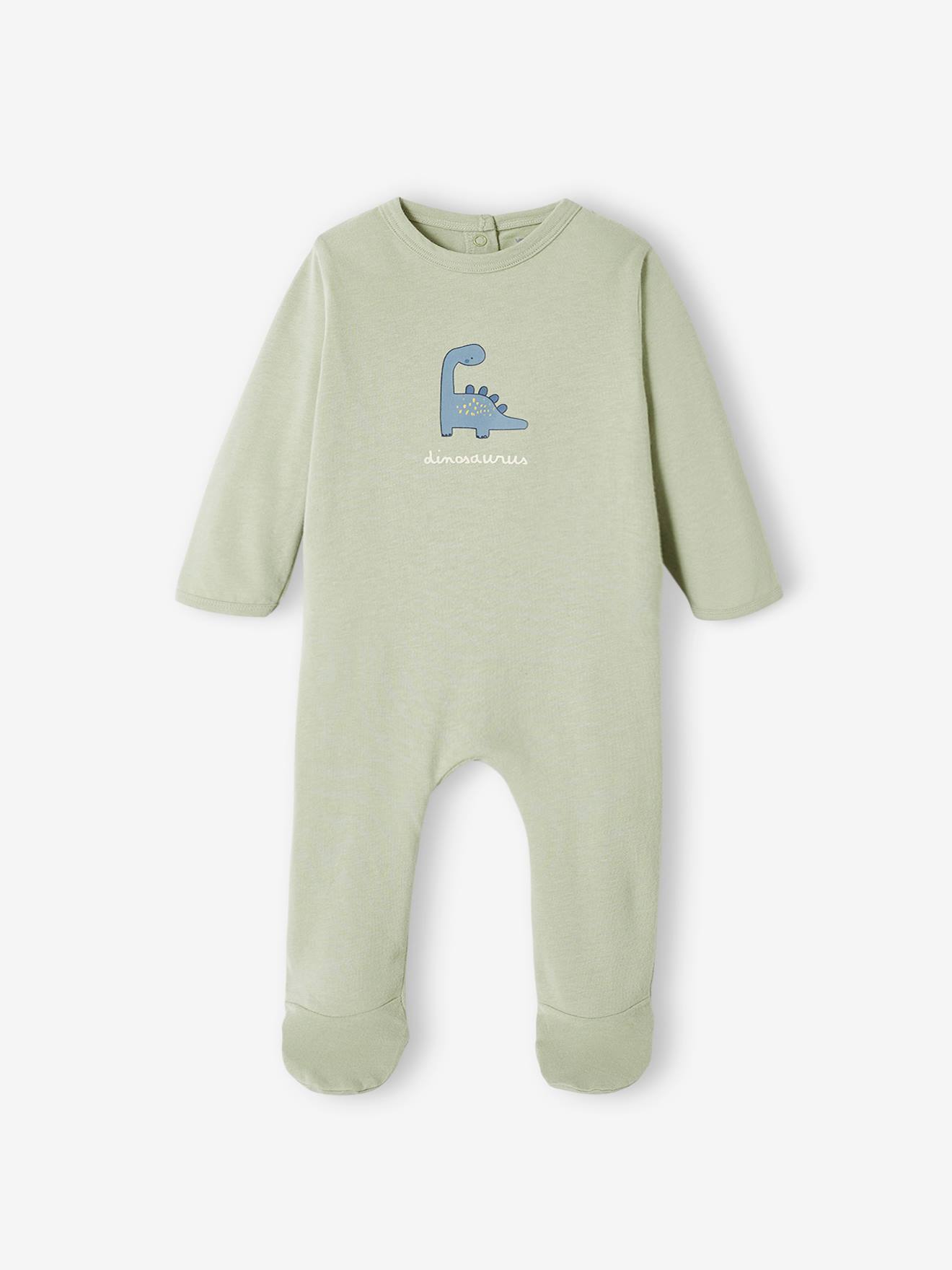 Conjunto de 2 macacões de tricô com estampa de dinossauro para bebês meninos na cor verde-água.