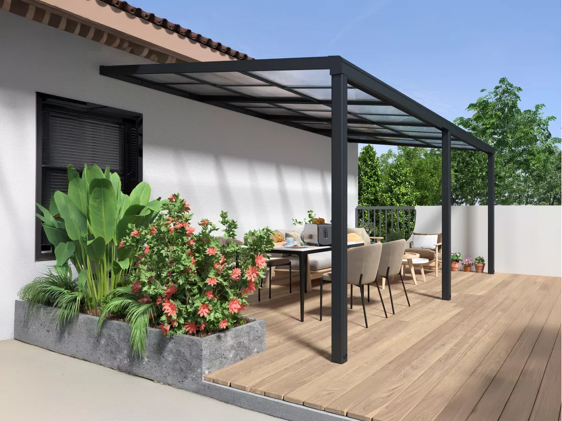Pergola adossée en aluminium avec toit coulissant - 18 m² - anthracite - IZEDA