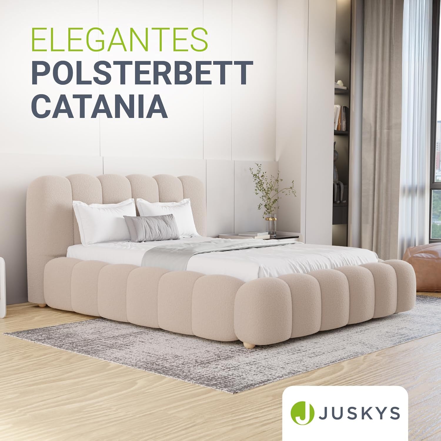 Juskys Polsterbett Catania - Modernes Bubble Design, gepolstertes Kopfteil, stabile Kontruktion- 140 x 200 cm - Beige