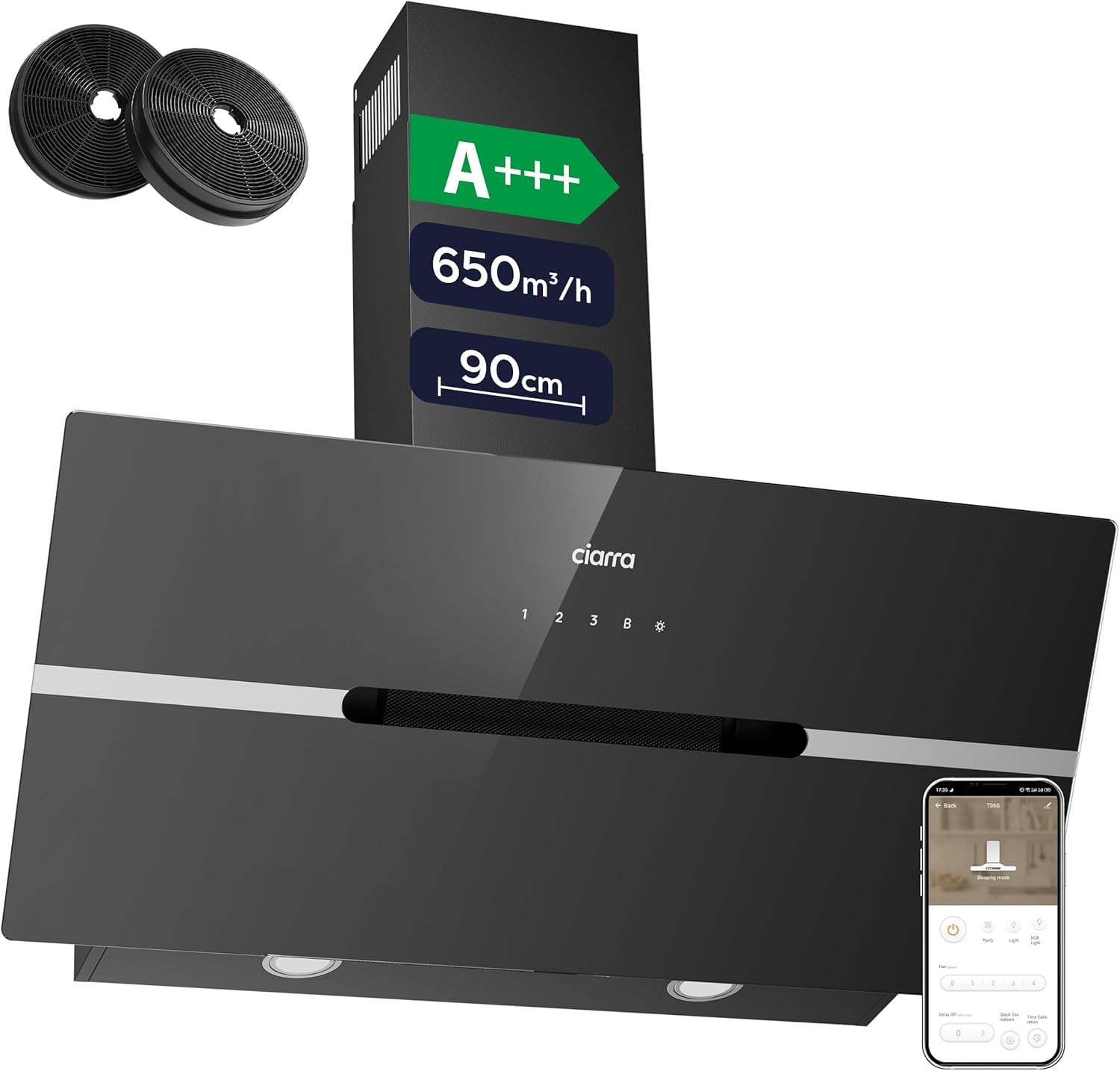 CIARRA CBCB9736F A+++ Dunstabzugshaube 90 cm Umluft Kopffreie Schräghaube 650m³/h automatisch Glasplatte Wi-Fi App Touch-Bedienung Booster Abluft mit CBCF003 Aktivkohlefilter 4 Stufen Schwarz