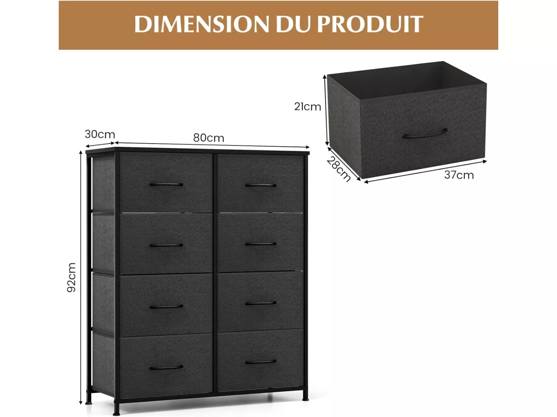 Commode Chambre 8 Tiroirs, Commode Chambre Adulte en Tissu Pliable, Chiffonnier Moderne avec Poignée, Commode Rangement avec Kits Anti-basculement pour Salon, Entrée, Noir