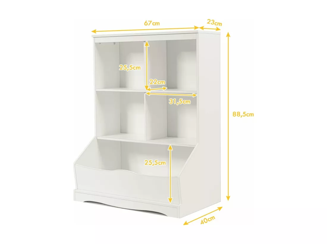 Meuble de Rangement pour Jouets à 3 Niveaux avec 4 Compartiments Ouverts et un Bac, Bibliothèque pour Enfants, 67 x 40 x 88,5 CM (L x l x H), Blanc