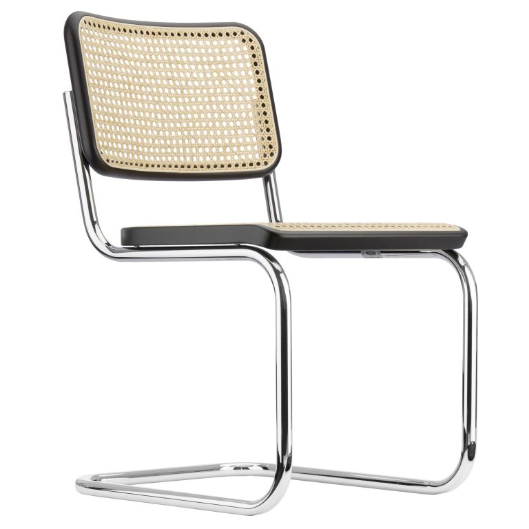 Thonet S32 V stoel gevlochten riet, zwart gebeitst, chroom onderstel