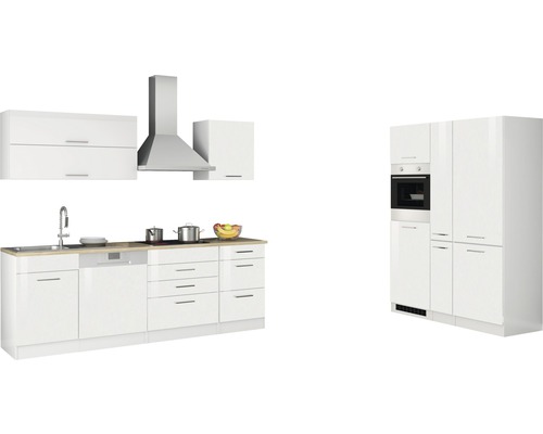 Held Furniture keukenblok met apparatuur Milan 390 cm wit hoogglans gedemonteerd omkeerbaar model 637.1.6210