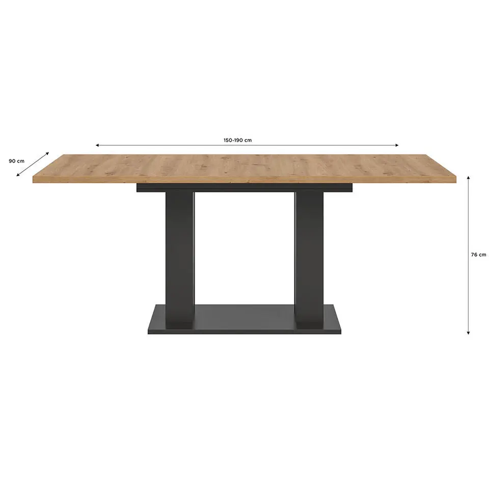 Hioshop Motion eetkamertafel dubbele zuilpoot 90x150/190cm incl 1 verlengblad