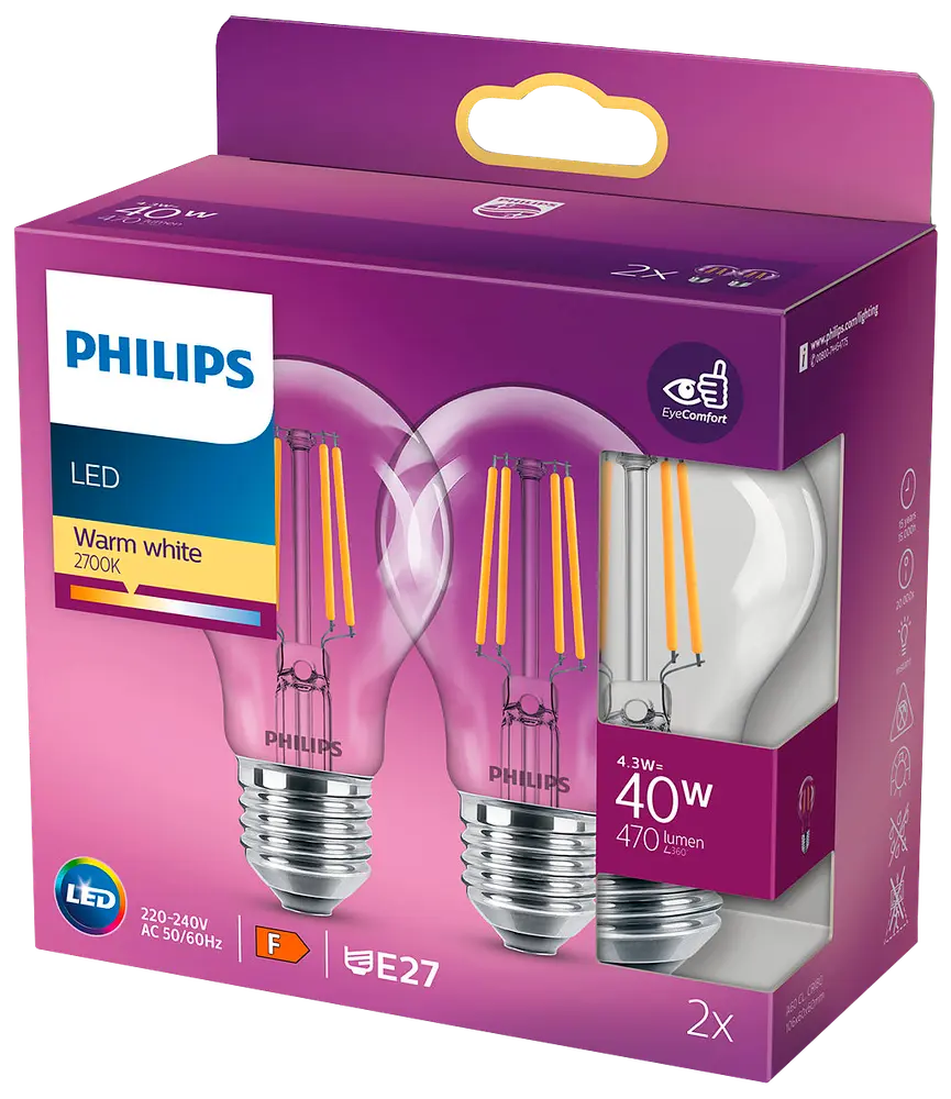 PHILIPS LED-filamentpære 4,3W E27 2-pak