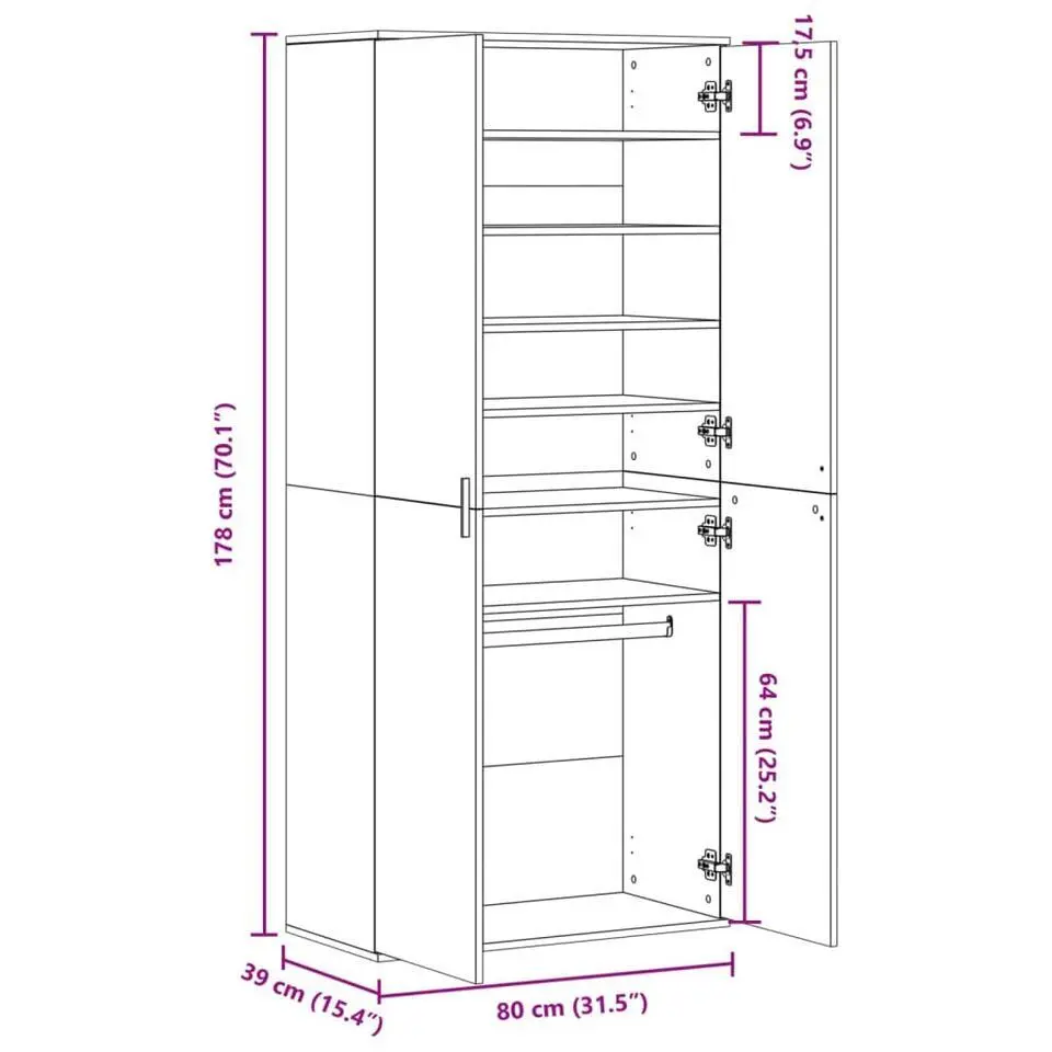 vidaXL - Hoge Schoenenkast met 7 lagen en 2 deuren - Betongrijs - 80x39x178 cm