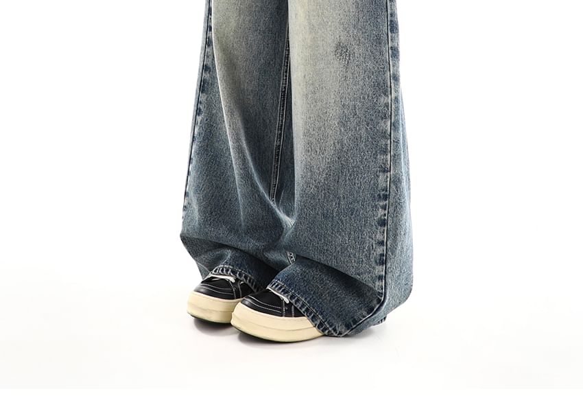 Elyou - Mid Waist Washed Wide Leg Jeans