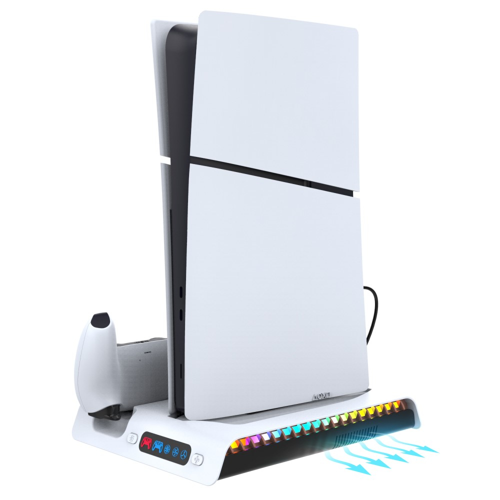Sony PlayStation PS5 Halterung mit Lüfter und Controller Dual Ladestation   3x USB A / 1x USB C   Headset Halterung und RGB LEDs - Weiss