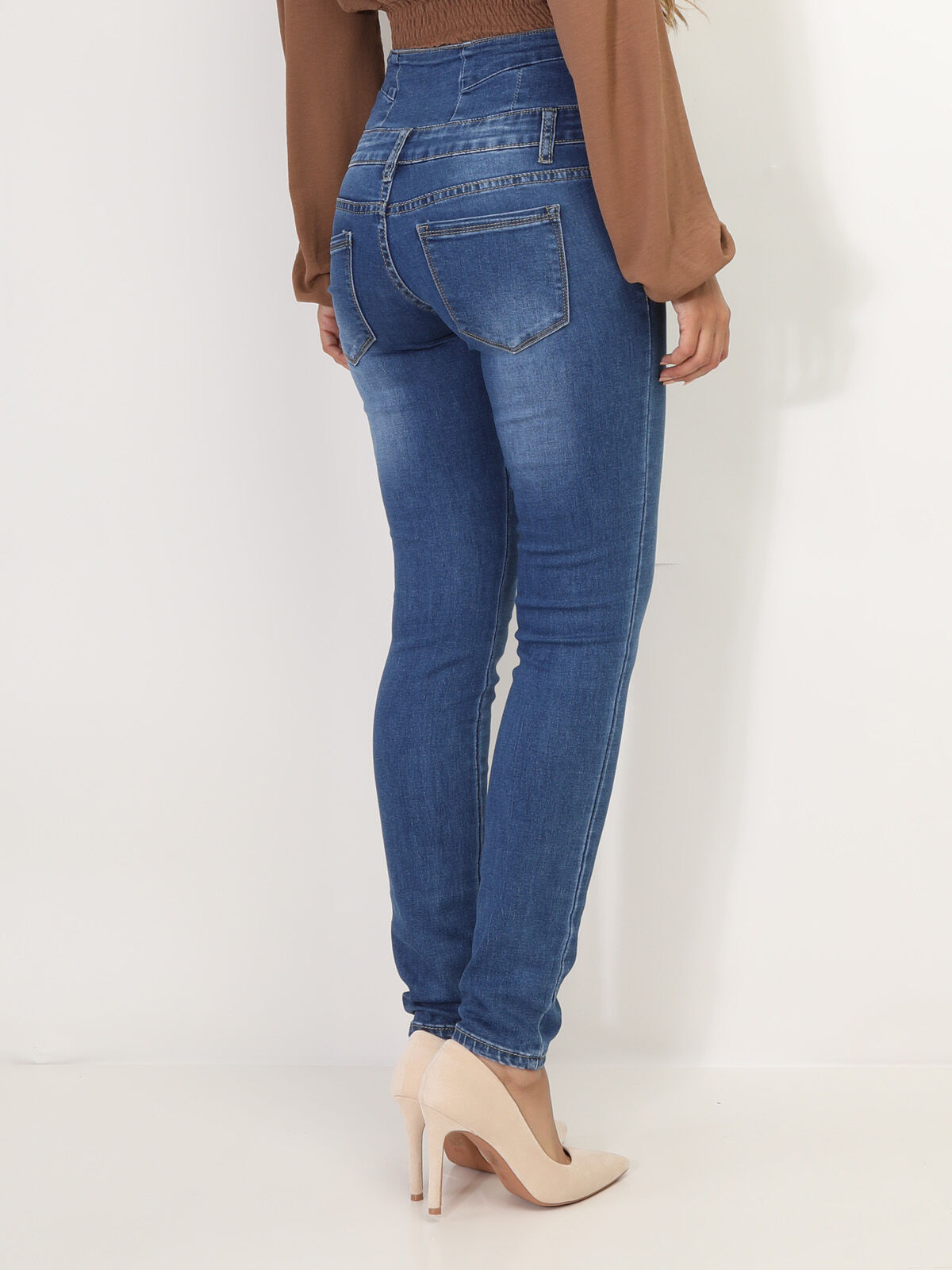 Jeans skinny taille haute à 5 boutons- Bleu