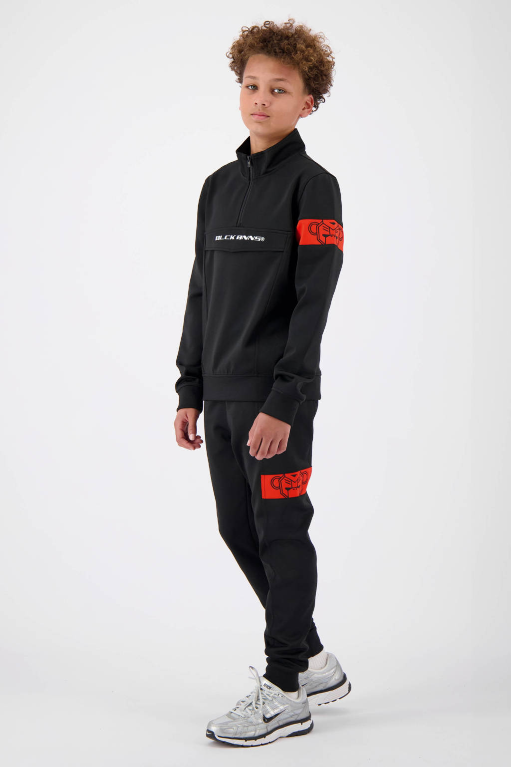 BLACK BANANAS sweater JR. COMMANDER TRACKTOP met contrastbies en borduursels zwart/rood