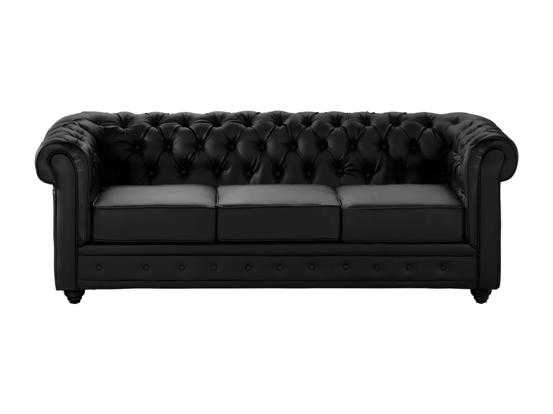 Canapés 3 places, 2 places et fauteuil en simili noir CHESTERFIELD