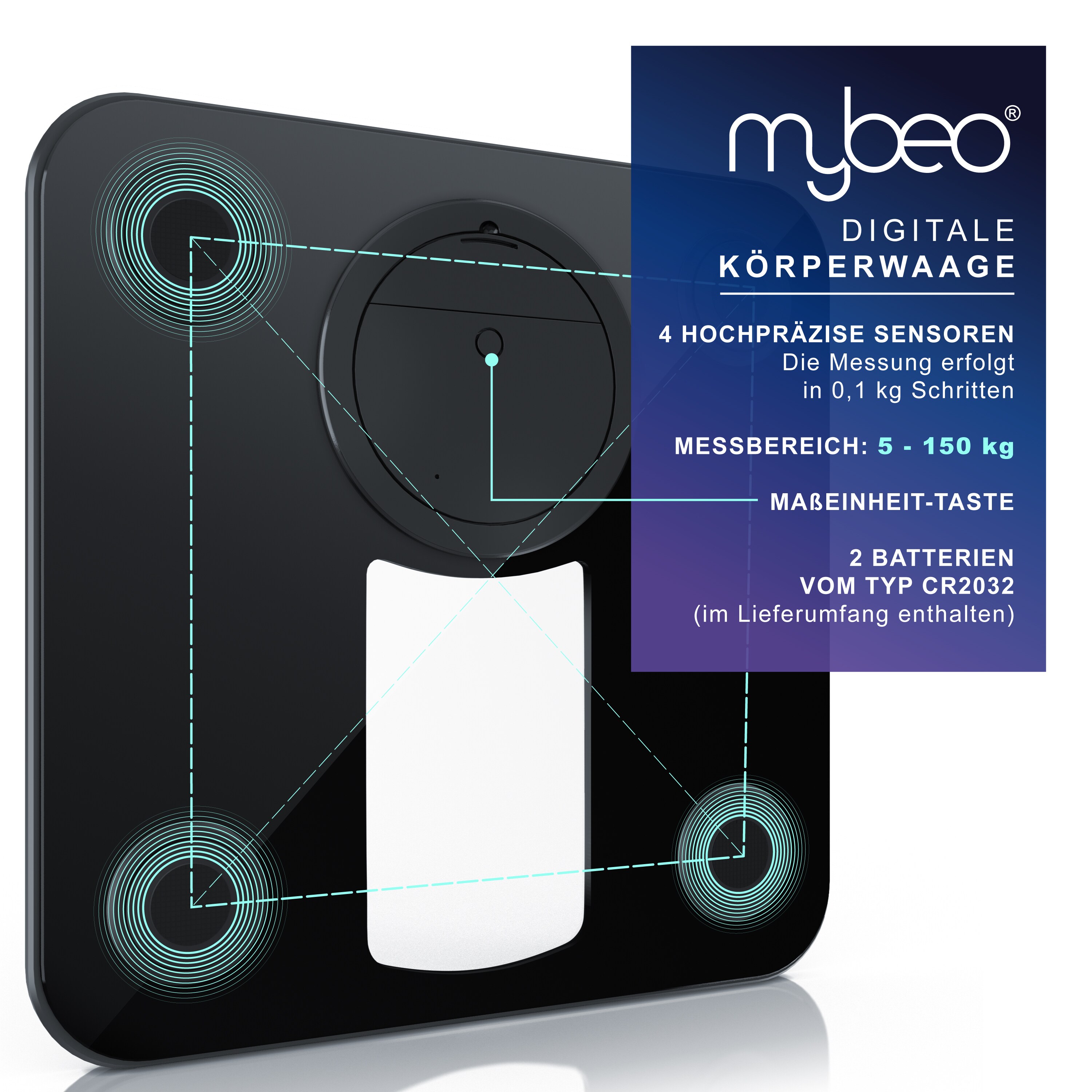 MyBeo Digitale Personenwaage Körperwaage - Badezimmer Waage im Slim Design - 6 mm Sicherheitsglas - großes LCD-Display, max. 150 kg