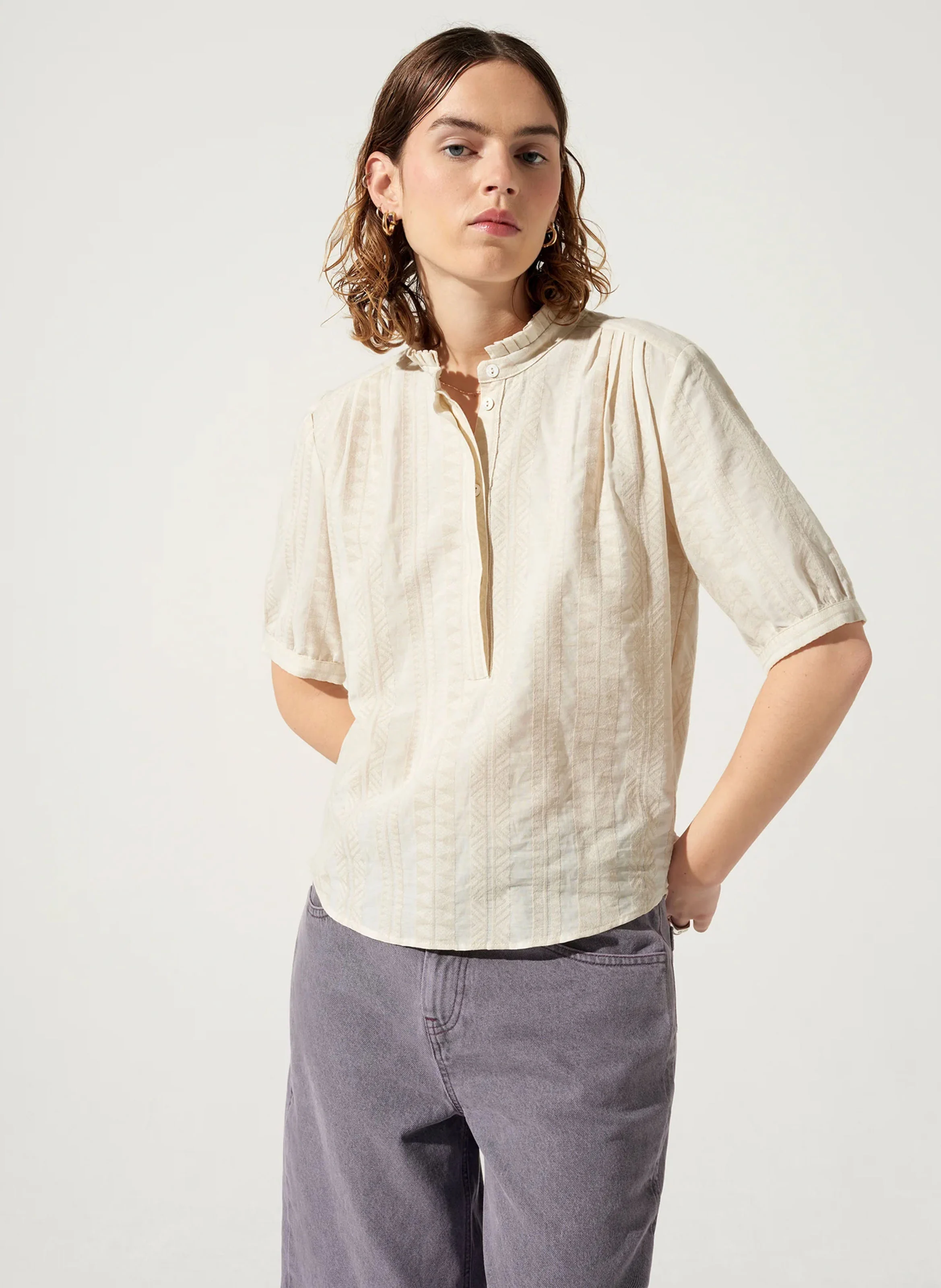 ELVIRA - Blouse droite col montant en coton | Blanc