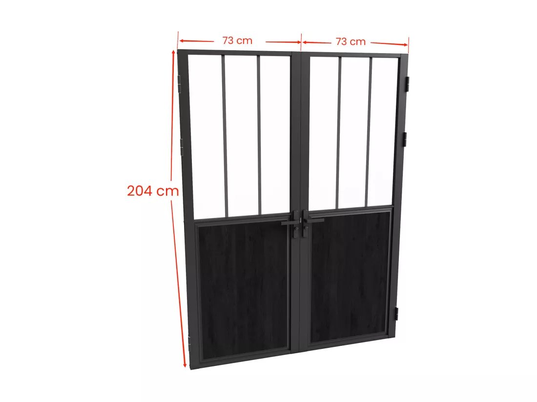 Bloc porte réversible à deux battants en aluminium et verre trempé style atelier - 2 x H204 x L73 cm - Noir - ERMELO