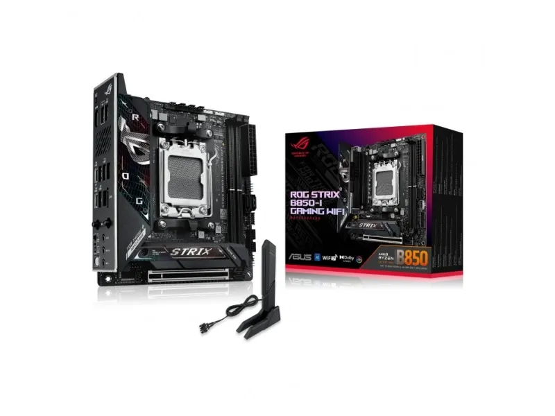 ASUS ROG STRIX B850-I GAMING WIFI - Bundkort - mini ITX - Socket AM5 - AMD B850 Chipset - USB-C 3.2 Gen 2x2, USB-C 3.2 Gen2, USB 3.2 Gen 2, USB 3.2 Gen 1 - 2.5 Gigabit LAN, Wi-Fi 7, Bluetooth - onboard grafik (CPU påkrævet) - HD Audio (8-kanaler)