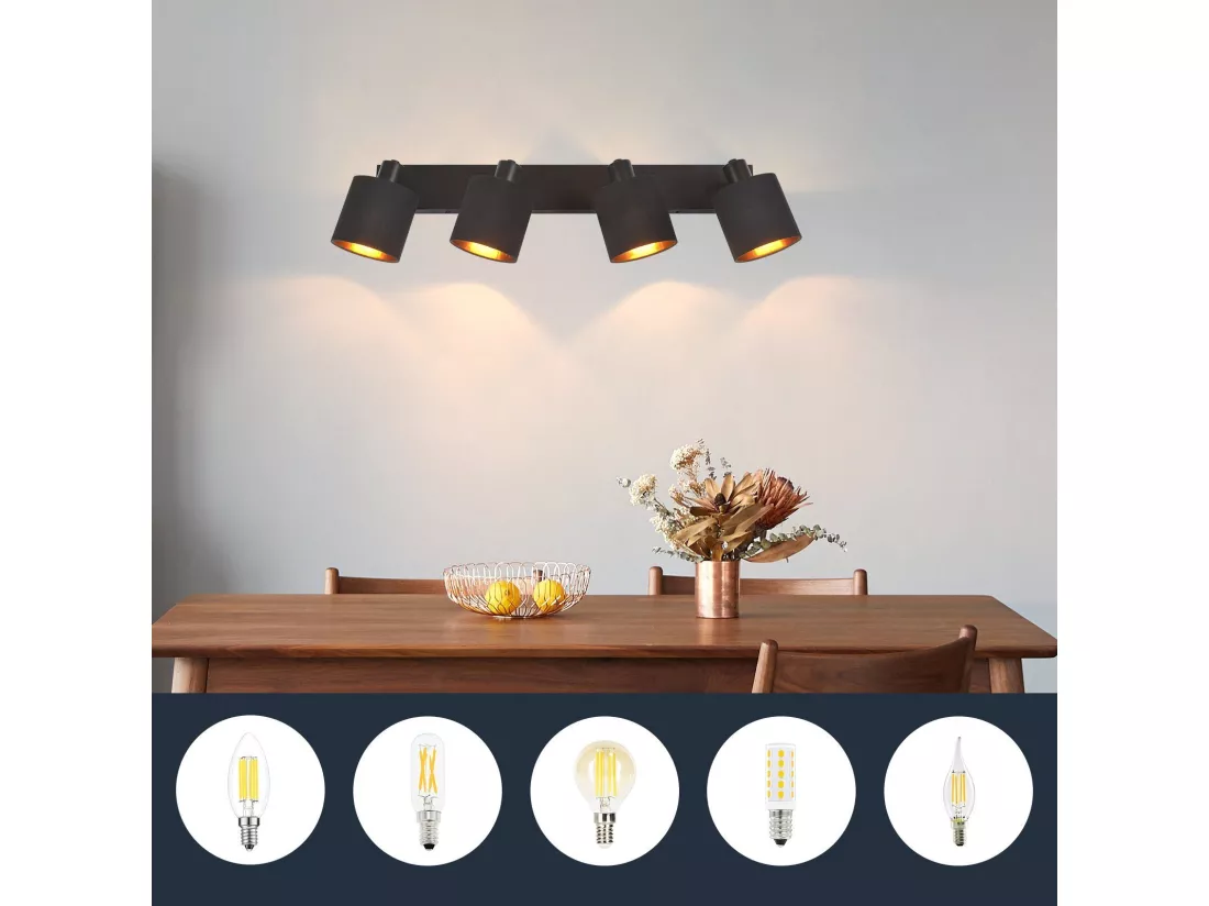 NETTLIFE 4 Spots de Plafond Noir Vintage E14 Pivotants à 350° MAX.25W avec Écran en Tissu pour Chambre Couloir Salon (Sans Ampoule)