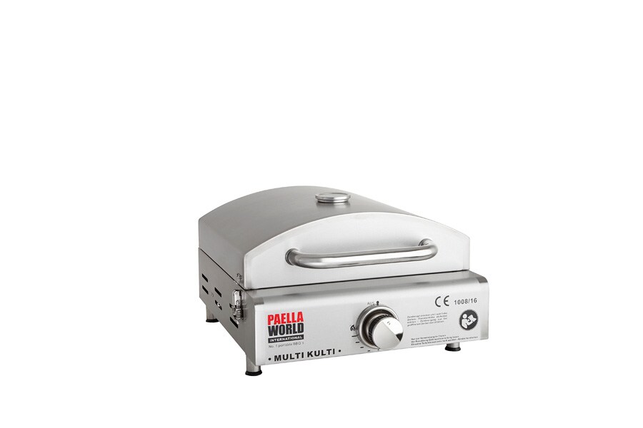 Multi-Kulti Gasgrill mit Pizzastein und Gussgrillplatte, tragbar, Ø 33 cm Pizzastein, Abmessungen 42 x 51 x 25 cm + Ø 35 cm Gusseisenpfanne
