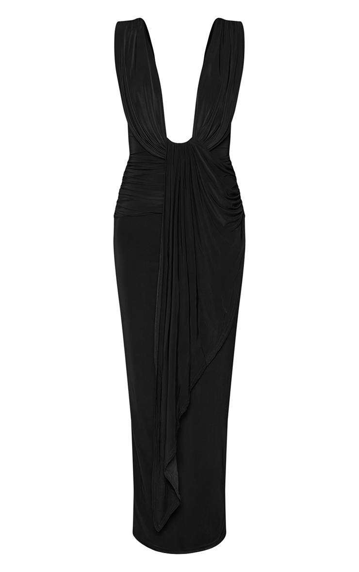 Noir Robe Longue Drapée À Double Couche En Jersey Fluide Avec Décolleté Plongeant