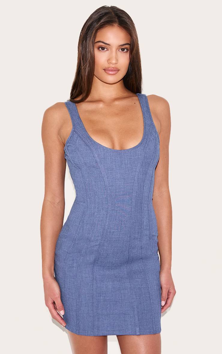 Bleu Marine Robe Mini À Détail Corset En Tissu Tissé