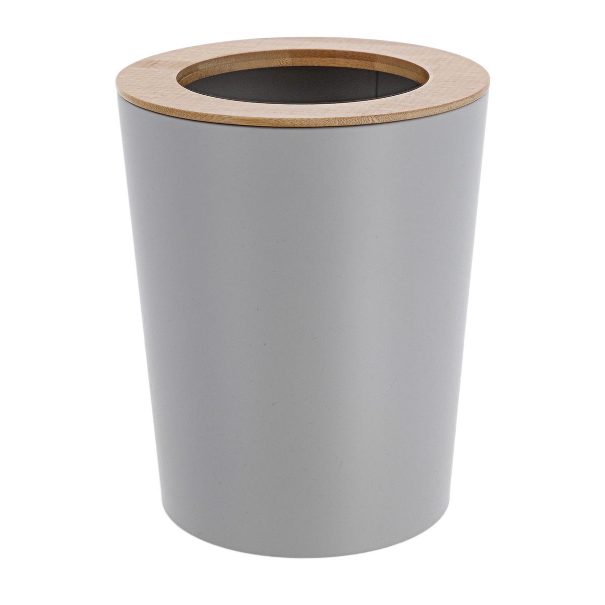 POUBELLE METAL EVASEE COUVERCLE BAMBOU 5L GRIS CLAIR