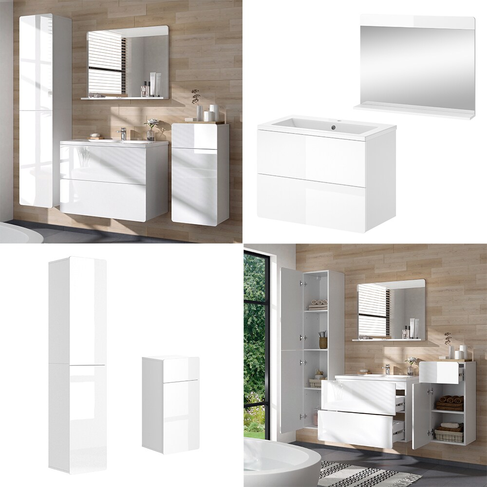 Vicco Badmöbel-Set Izan Weiß Hochglanz modern Waschtischunterschrank Waschbecken Badspiegel Midischrank Hochschrank
