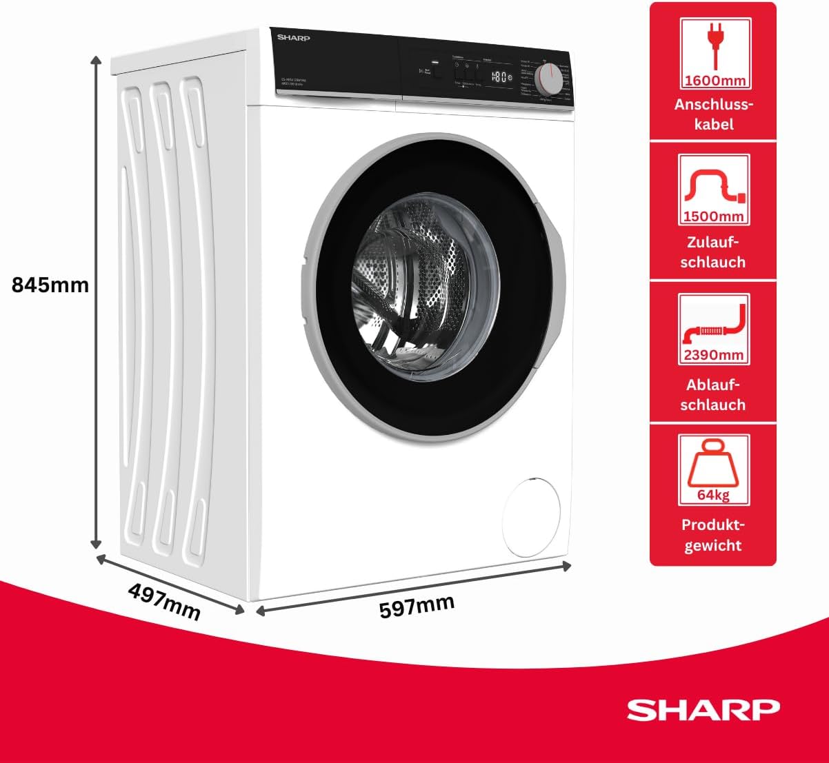 Sharp ES-NFA612BW1NA-DE Waschmaschine Frontlader, 6 kg, 1200 U/min, Energieklasse A, AllergySmart, EcoLogic, AquaStop, Inverter-Motor, WaveCabinet, Weiß