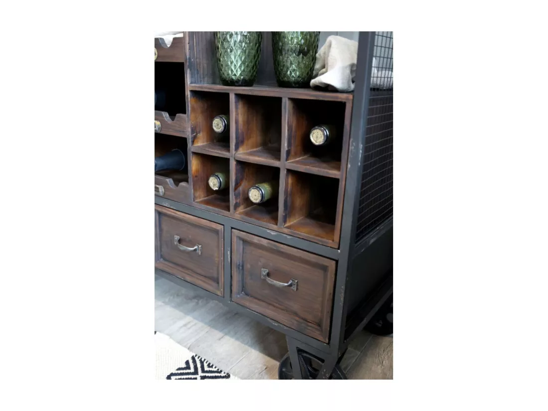 Chariot de bar desserte en bois marron et fer bleu 94 x 37 x 91 cm