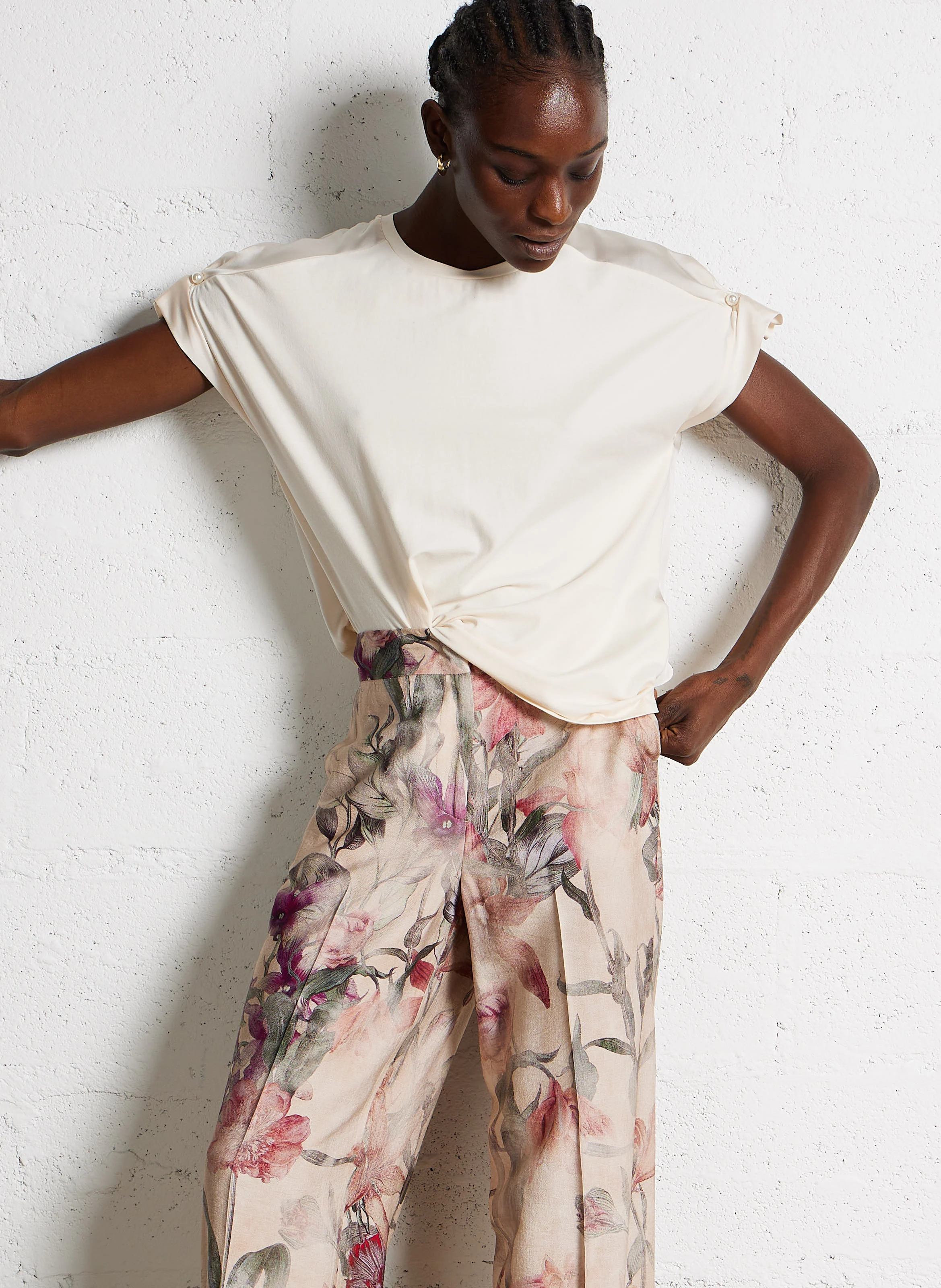 Top droit à col rond| Beige