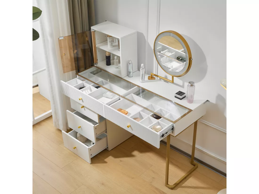 Coiffeuse avec miroir, 5 tiroirs et une porte en verre - 120 x 45 x 115 cm - Panneau de particules - LEDs - Blanc (sans tabouret)