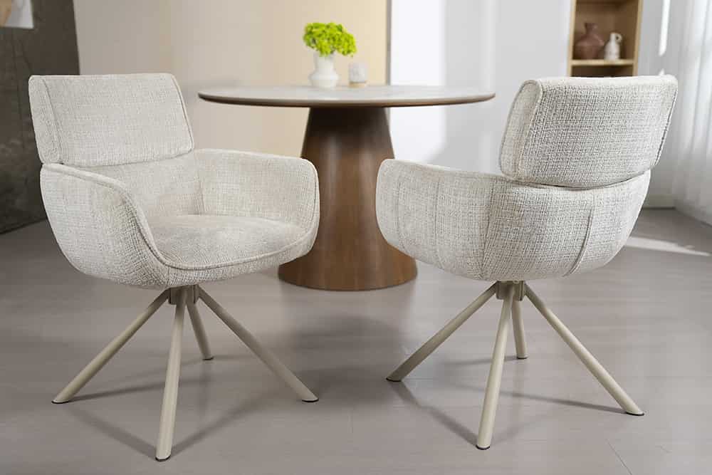 Drehbarer Retro Stuhl UNIQUE beige Chenille Cremona Metall champagner-beige