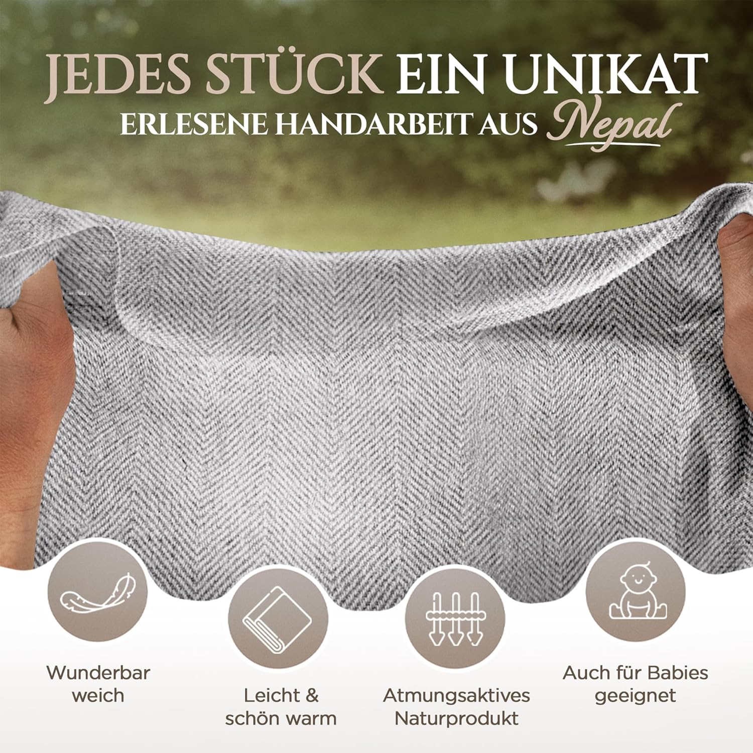 Kaschmirdecke – Handgewebte Sofaüberwurf Decke aus 100% Kaschmirwolle – 135 x 270 cm Weiche und gemütliche Hellgraue Kuscheldecke für Couch und Stuhl – Hergestellt in Nepal