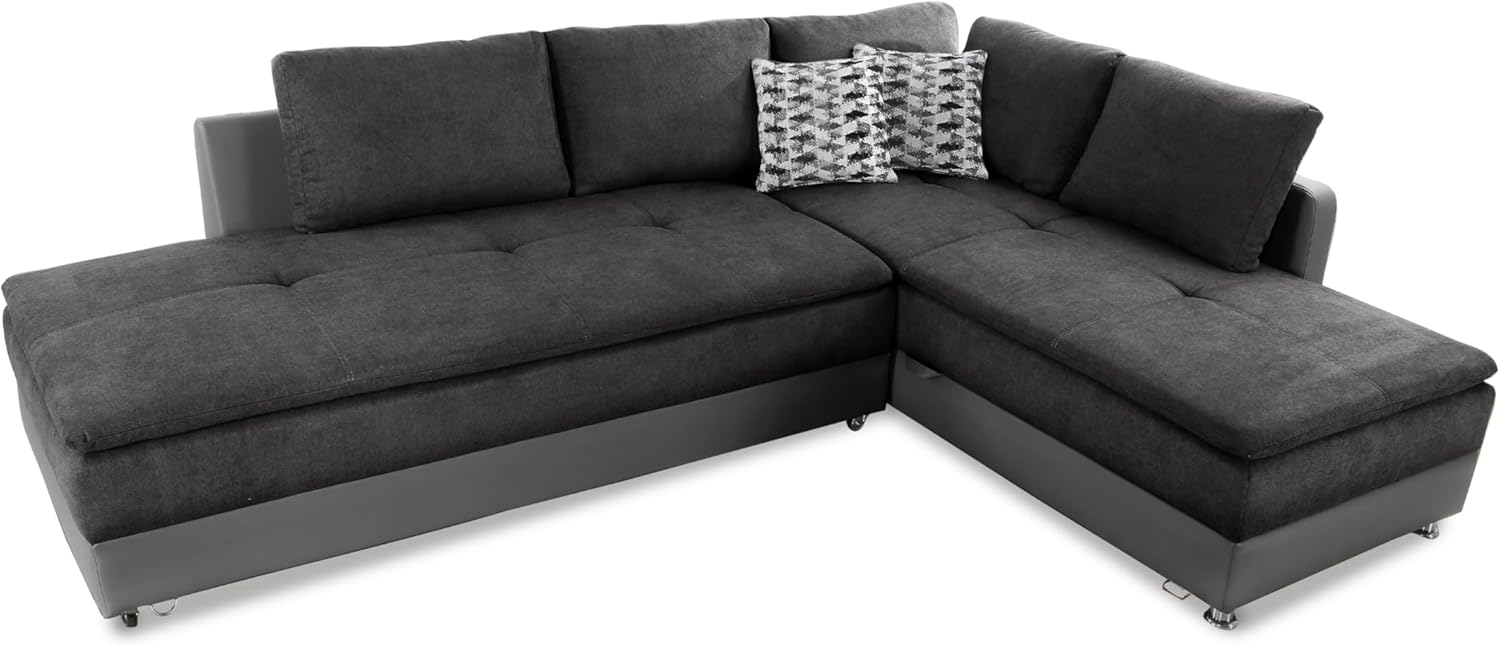 Federkern Ecksofa B306/T223/H95 cm Dauerschläfer, Doppelbett Schlaffunktion, Kaltschaum-Topper, Bettkasten, Regal, Schwenkteil LINKS, Mikrofaser-Bezug Anthrazit, Korpus Kunstleder Grau / 15105